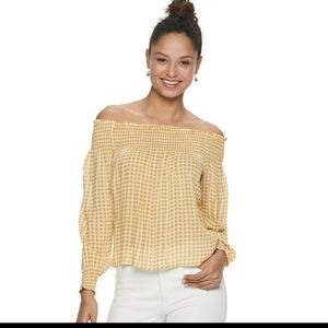Rewind Women's Off the Shoulder Smocked Long Sleeve Shirt Small Yellow Cute Top